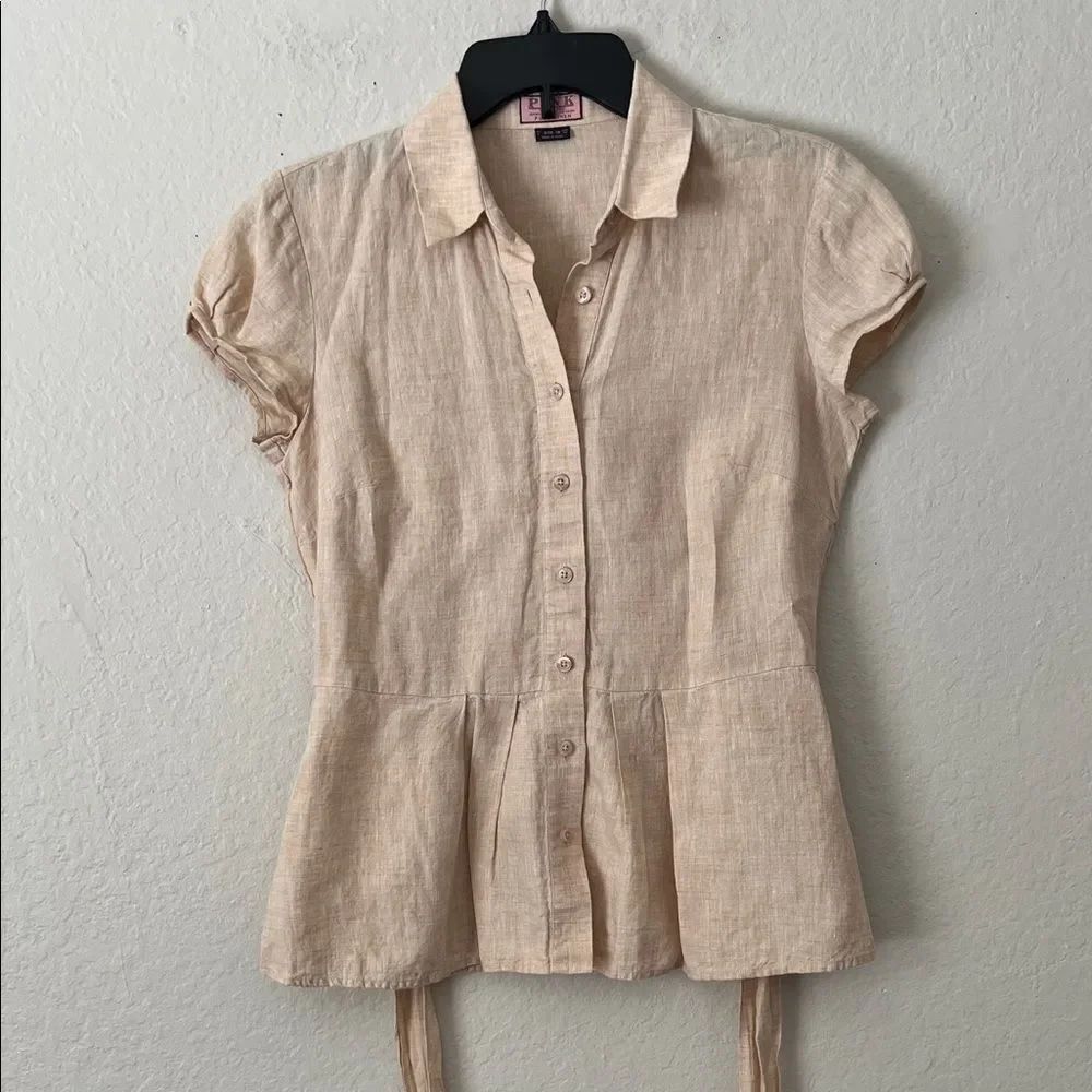 Like New! Thomas Pink 100% Linen Button-Front Belted Peplum Top in Size 8